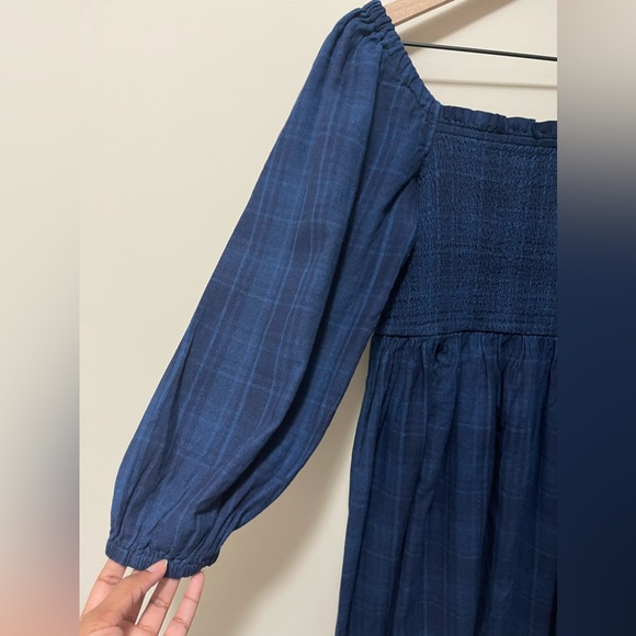 J. Crew Indigo Plaid Smocked Balloon Puff Sleeve Midi Long Sleeve Dress - Picture 5 of 10